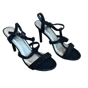 EUC Madeline Stuart 4" Black Strappy Beaded/Gem Heel-Sandal Size 7M